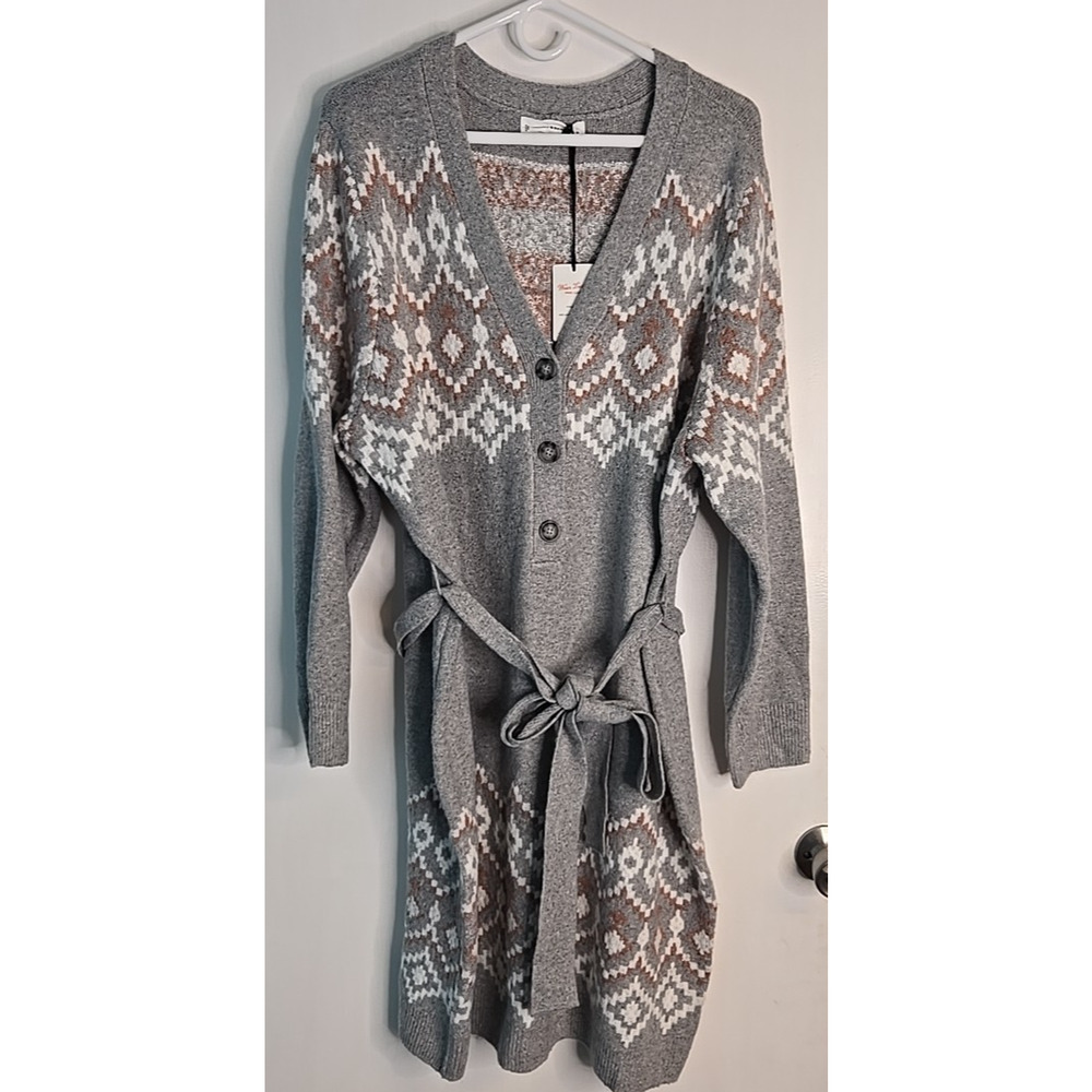 Lucky Brand Dress Women 3X Gray Pink Fair Isle Nordic Sweater Knit Tie Boho
